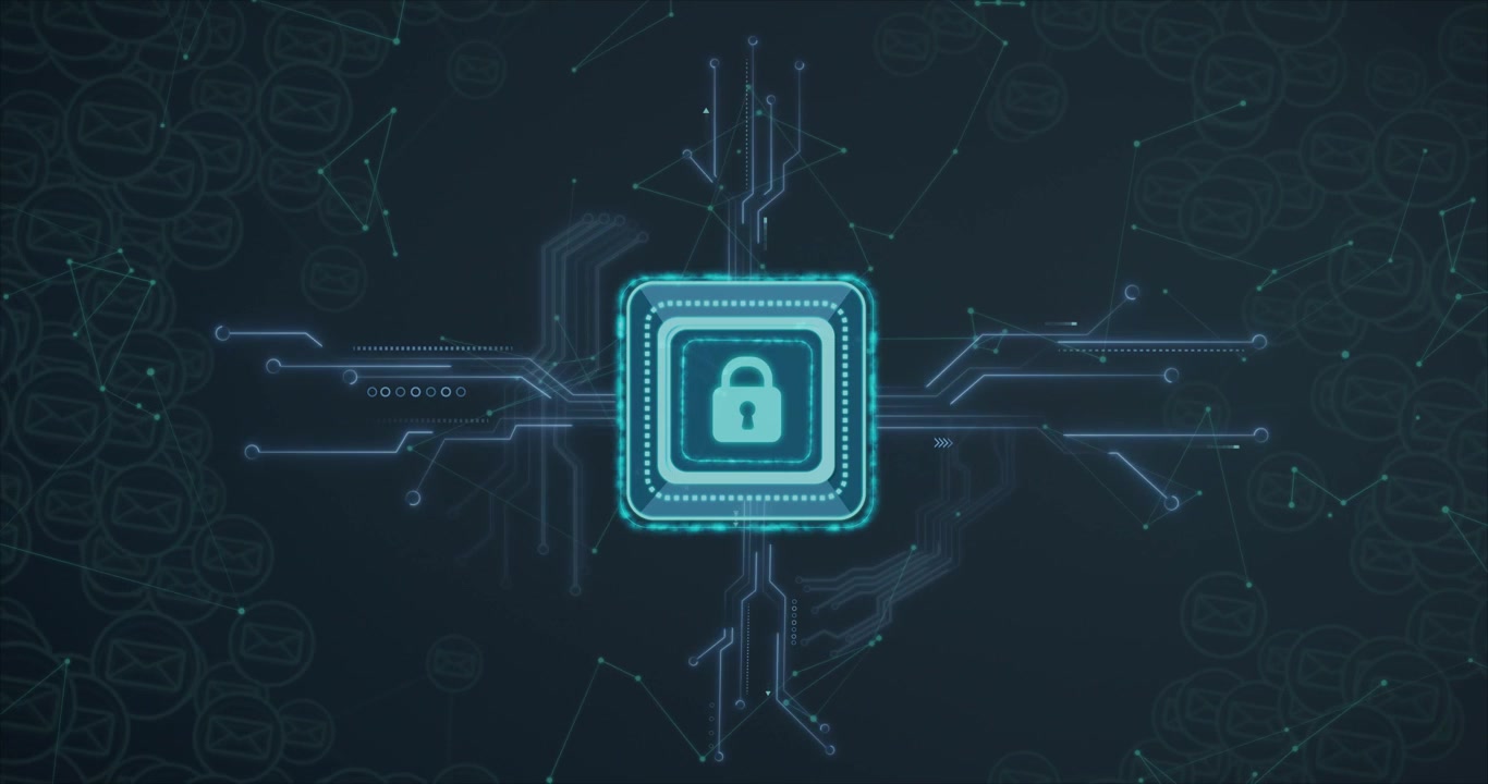 Glow pulsing sparking central padlock chip sending pulses along circuit traces securing network