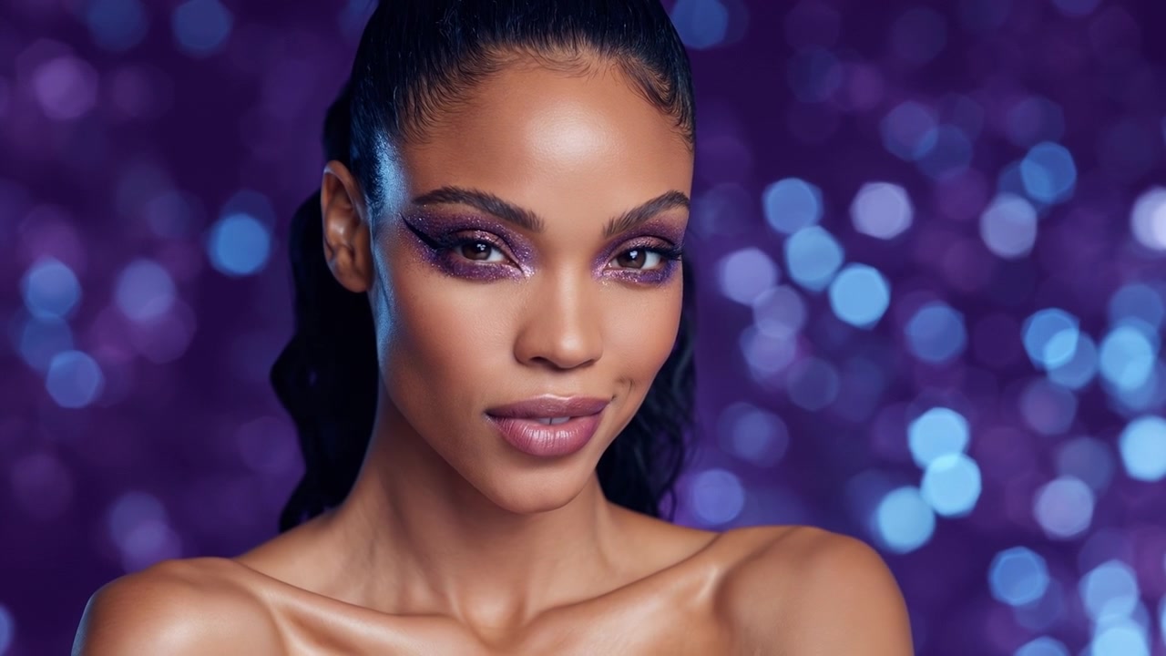 Belle femme avec un fard à paupières pailleté violet éclatant souriant sur un fond bokeh coloré