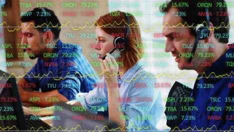 animation of data processing over business people using phone headsets