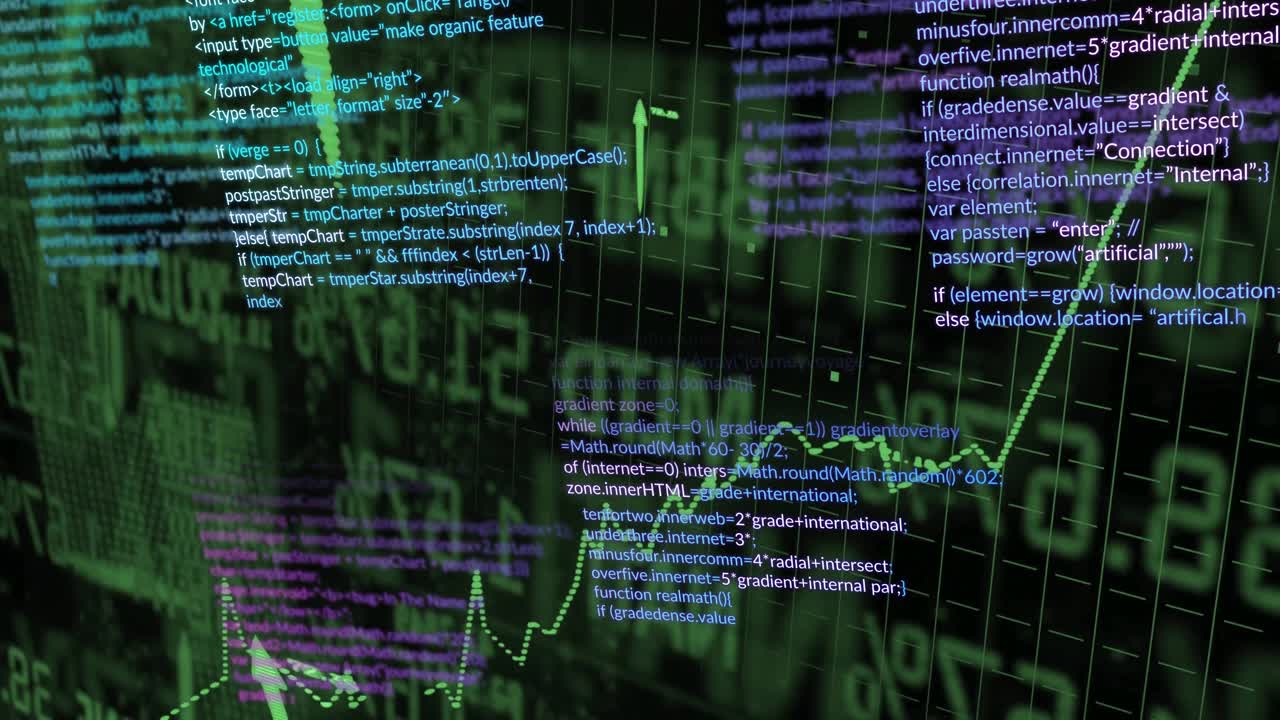 Opening 3D grid animating dotted green line trending upward over scrolling code visualizing growth