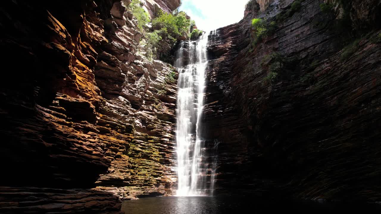 drone video of Burac&atilde;o waterfall in Chapada Diamantina, Bahia, Brazil