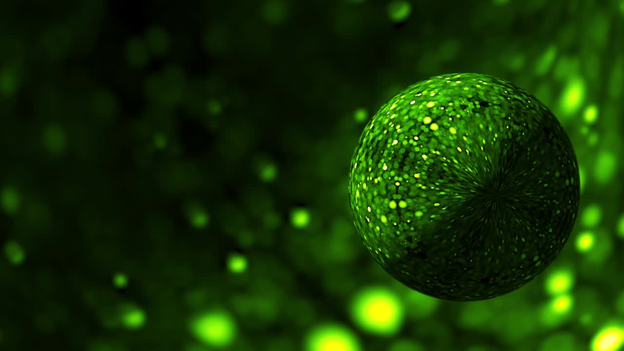 Abstract Digital Futuristic Background. Animated of Glittering Green Lime Color Sphere rotate in green glitter Virtual Space with DOF. 4K 3D rendering technology Sci-Fi seamless loop with copy space.
