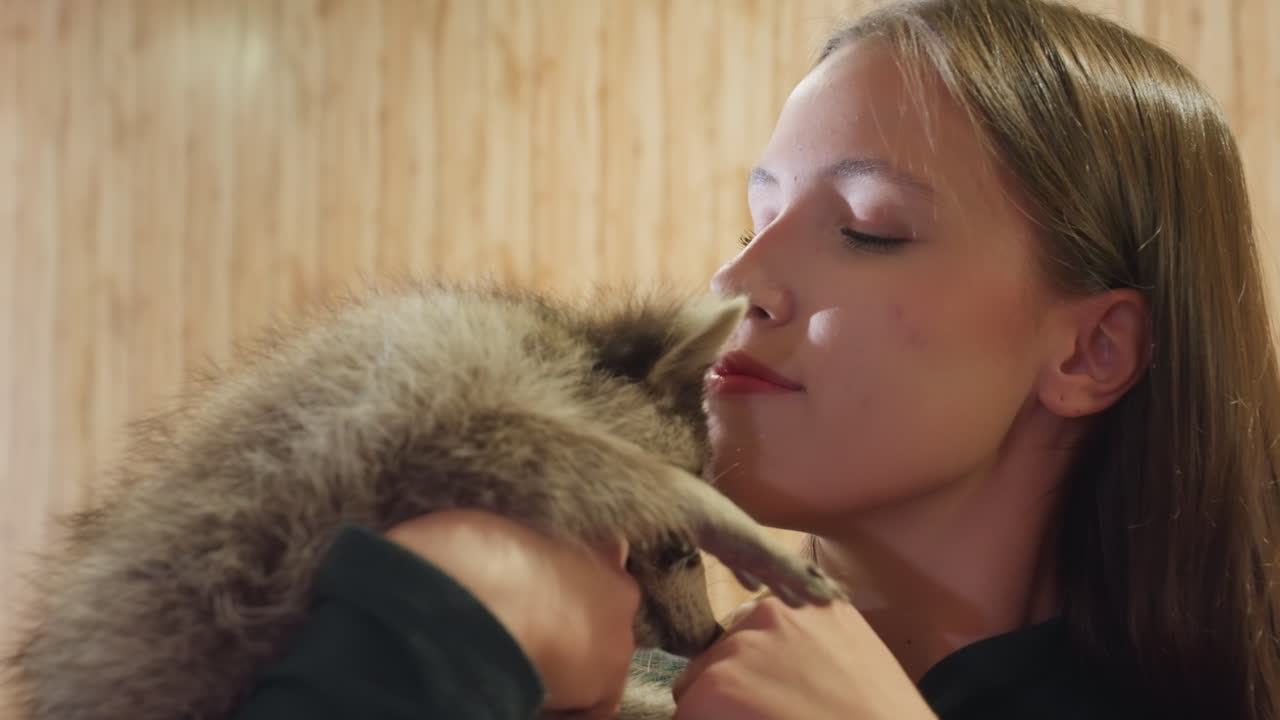 caucasian woman holding raccoon indoors, tender rehabilitator bonding with gentle kisses and soft paw touches, warm wooden interior, calm evening light, affectionate rescue care and playful trust