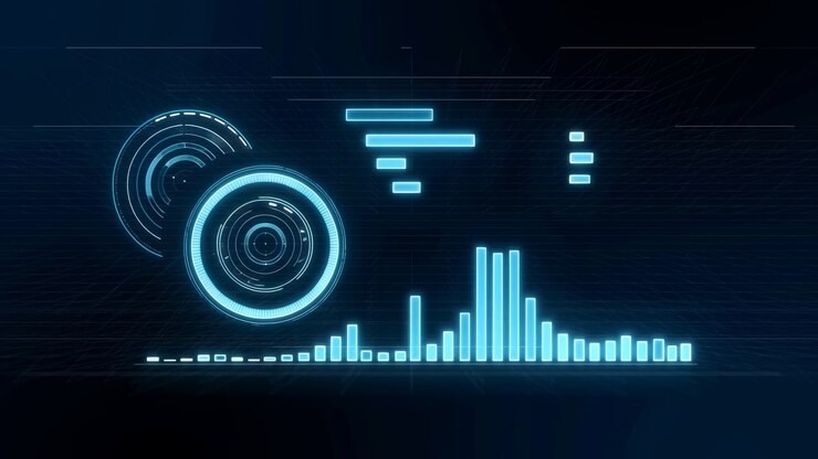 Hud Displays Circular Radar Elements And Rising Equalizer Bars, Cyan Glowing Rings And Grid Lines Animate