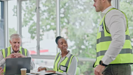 talking, meeting and construction workers