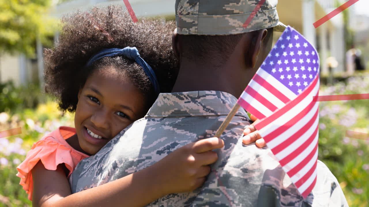 Animazione di un soldato e sua figlia che tengono la bandiera americana.
