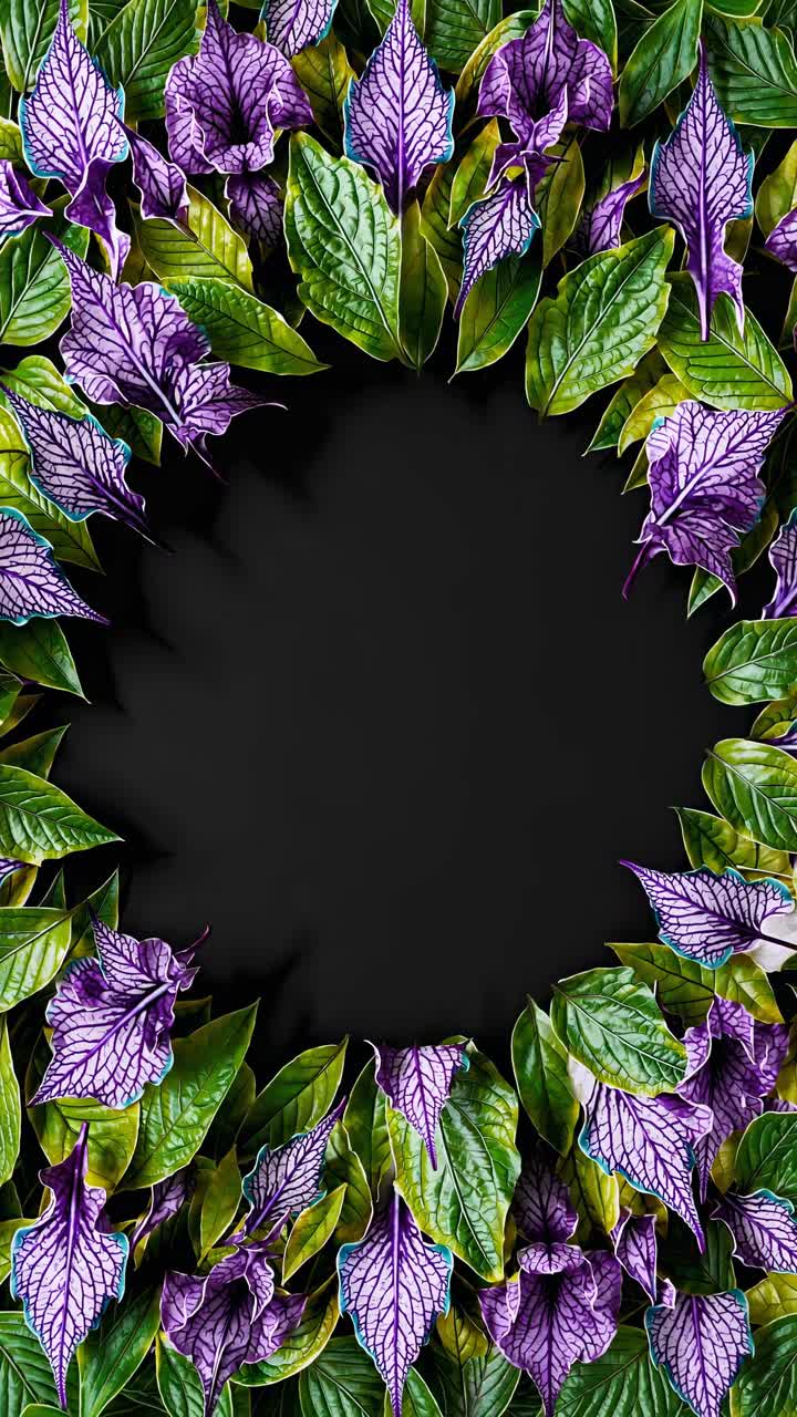 Top-down view of vibrant purple and green leaves forming a circular frame on a black background