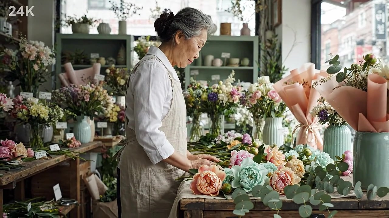 Un'anziana donna sistema fiori vivaci in un'incantevole fioreria, mostrando il suo amore per la natura e l'arte in ogni bouquet che crea con cura