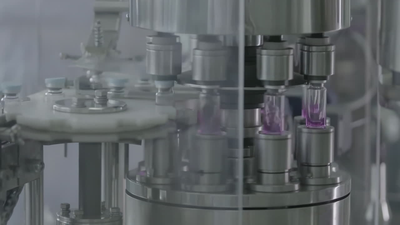 Pharmaceutical Production Line sterile conditions in Cleanroom Filling vials with Medication at manufacturing facility