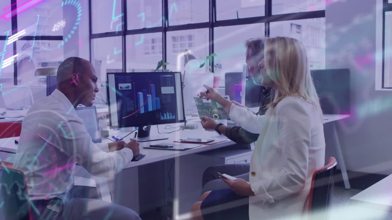 Animation of data processing over diverse business people working in office