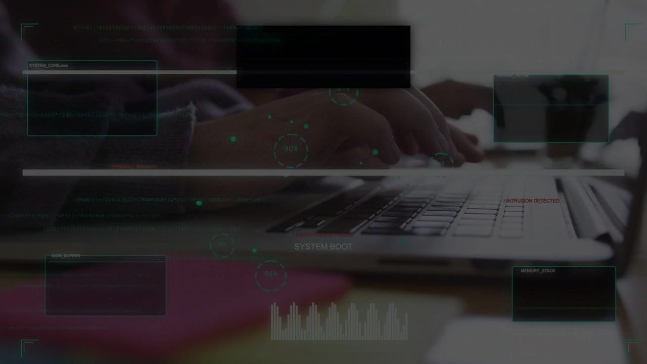 Female hands hovering then typing on laptop, starting tech boot HUD and loading kernel progressbar