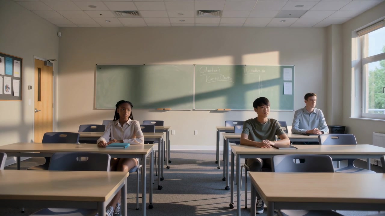 La telecamera si concentra su tre studenti in classe, mentre gli studenti spostano lo sguardo verso la finestra illuminata dal sole.