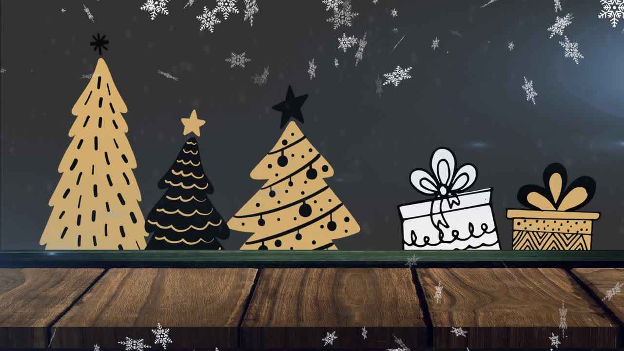 animación de nieve cayendo sobre árboles de navidad y regalos sobre fondo negro