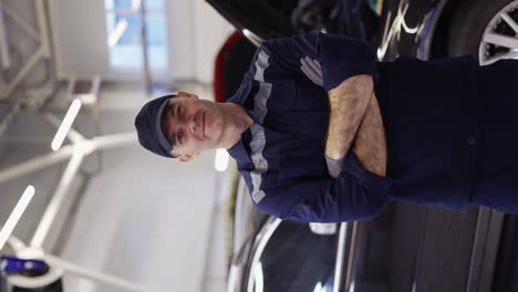 retrato de un mecánico sonriente reparando en uniforme de pie mirando la cámara, de cerca