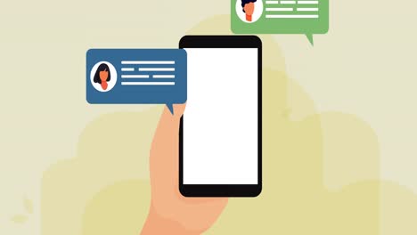 animación de una persona que sostiene un teléfono inteligente con pantalla en blanco y burbujas de habla