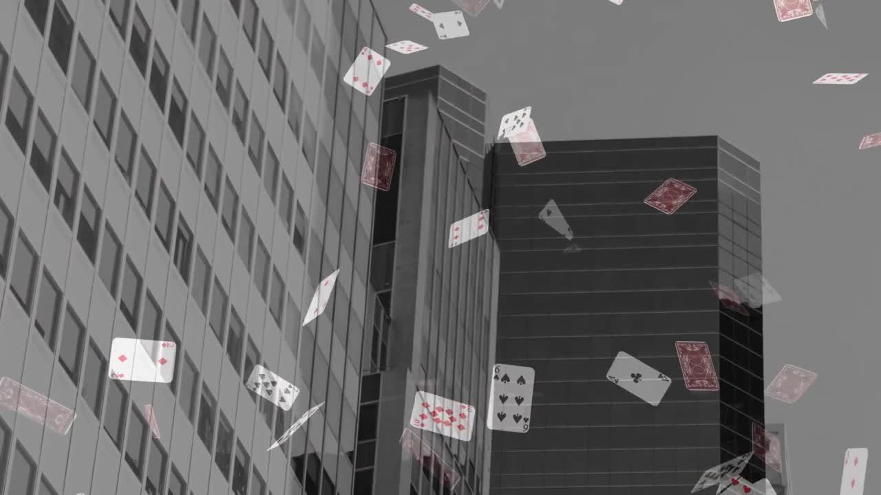 Animation de chute de cartes à jouer sur un paysage urbain