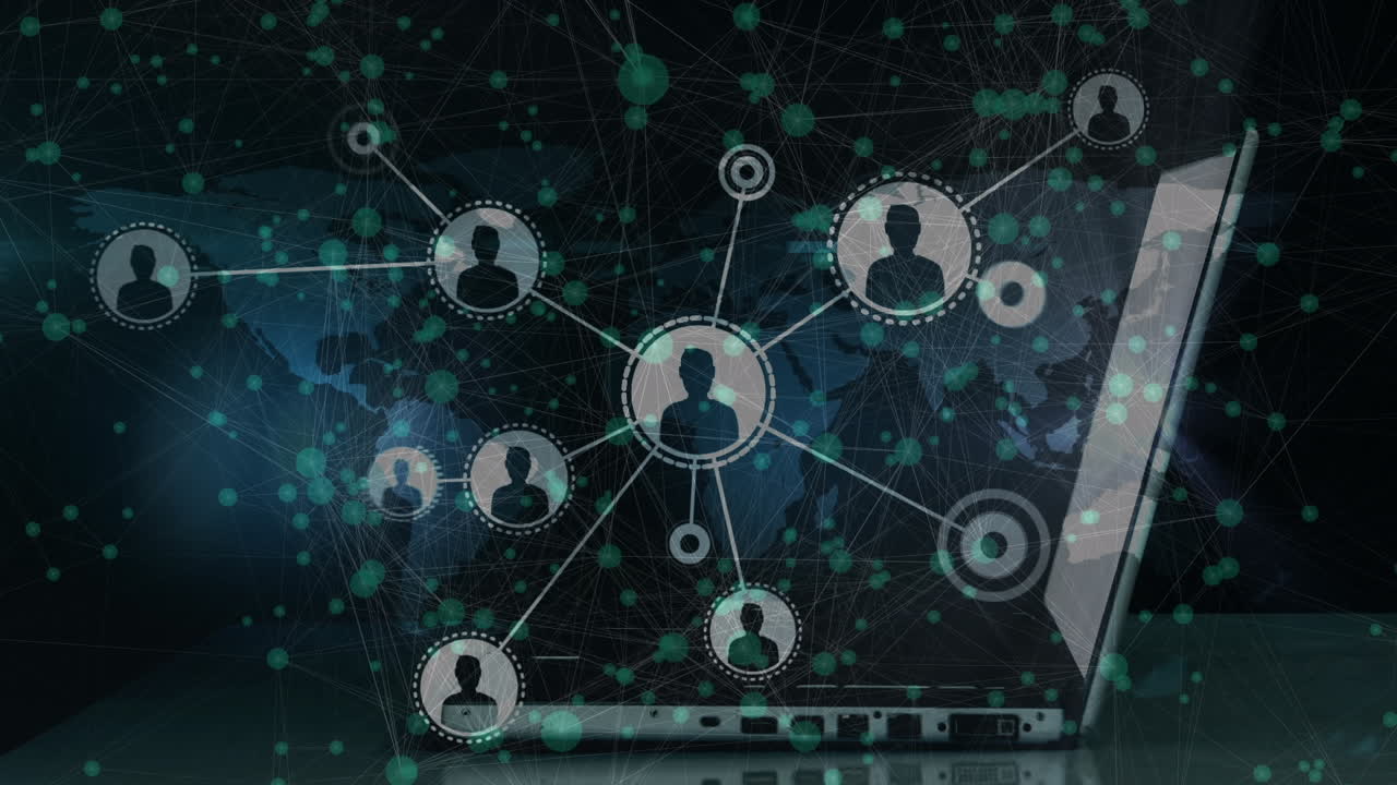 Animation of network of connections with icons and laptop over world map background