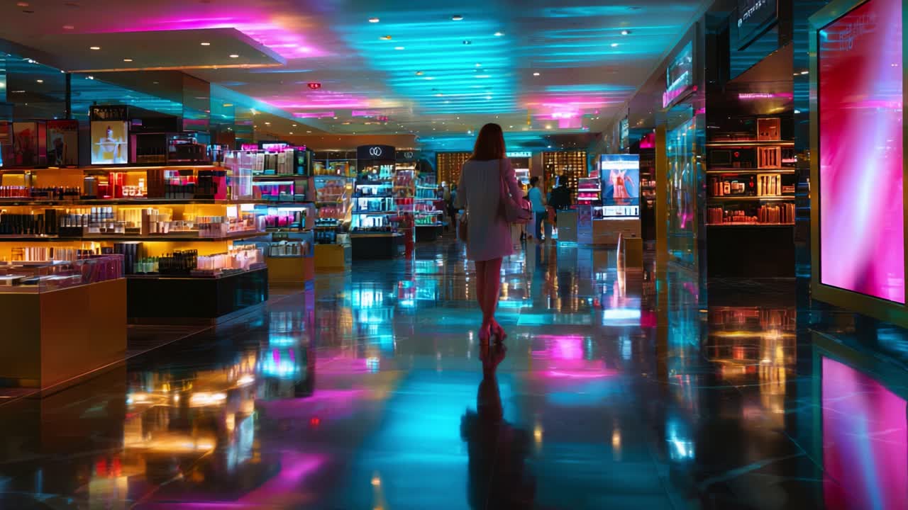 A mesmerizing glimpse into a vibrant and stylish beauty retail space, showcasing colorful lighting and vivid reflections as a silhouette gracefully strolls through the sleek interior adorned with products and displays