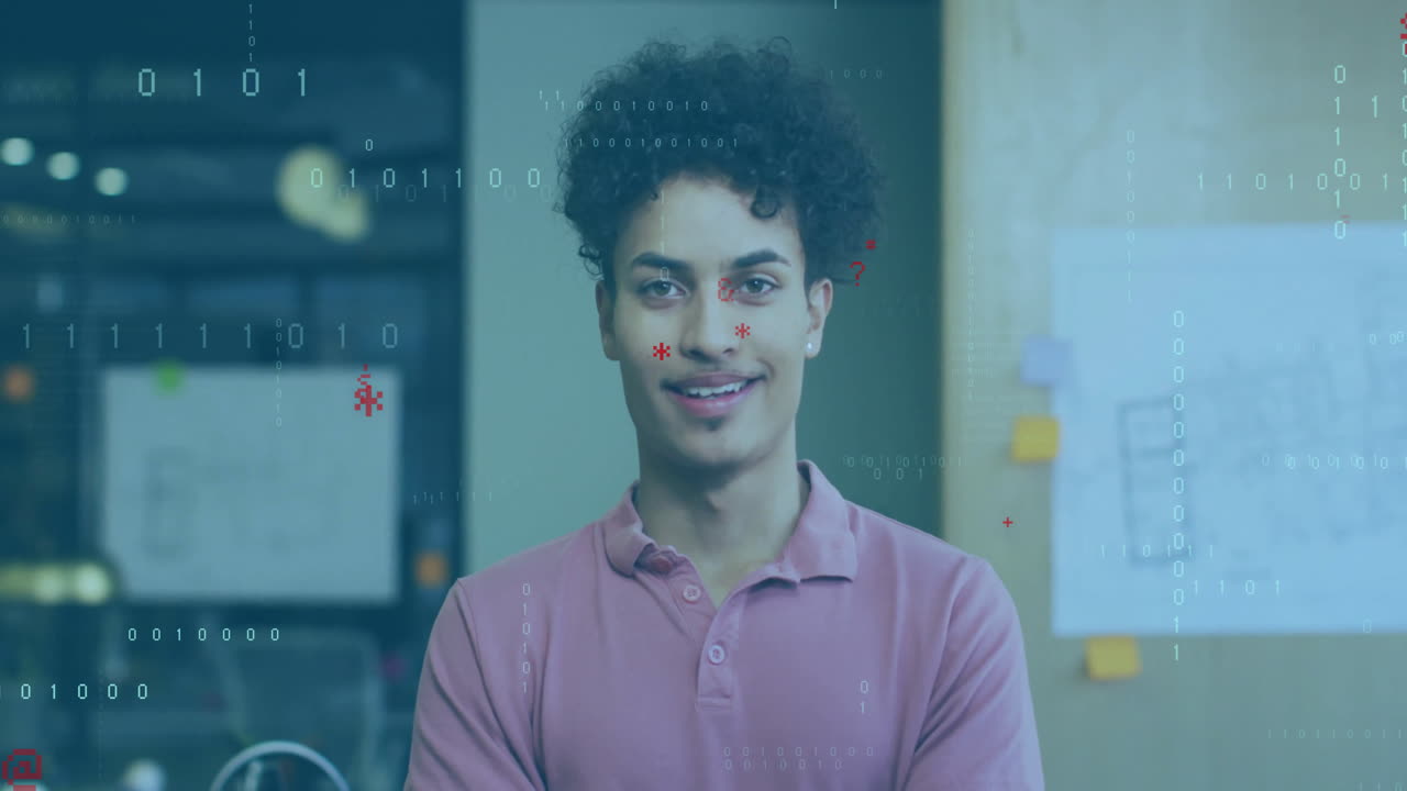 Binary code and data processing animation over smiling young man in office