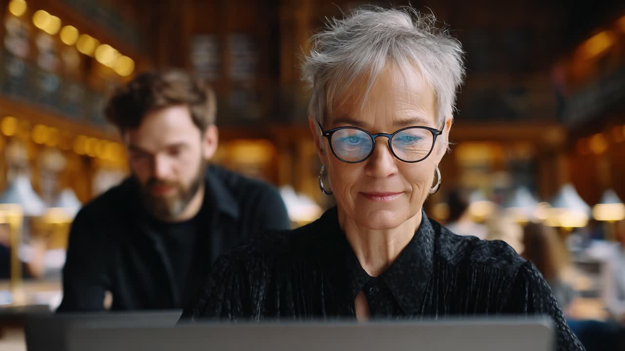 Focused Individual Engaged in Work at a Library While Another Person Works in the Background, Underscoring the Importance of Learning and Collaboration in a Scholarly Environment