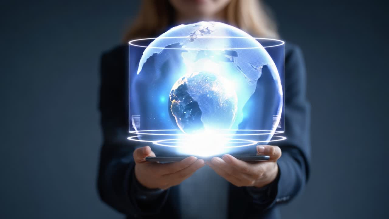A Business Professional Harnessing Technology with a Holographic Globe: A Perfect Representation of Innovation, Global Connectivity, and the Future of Communication
