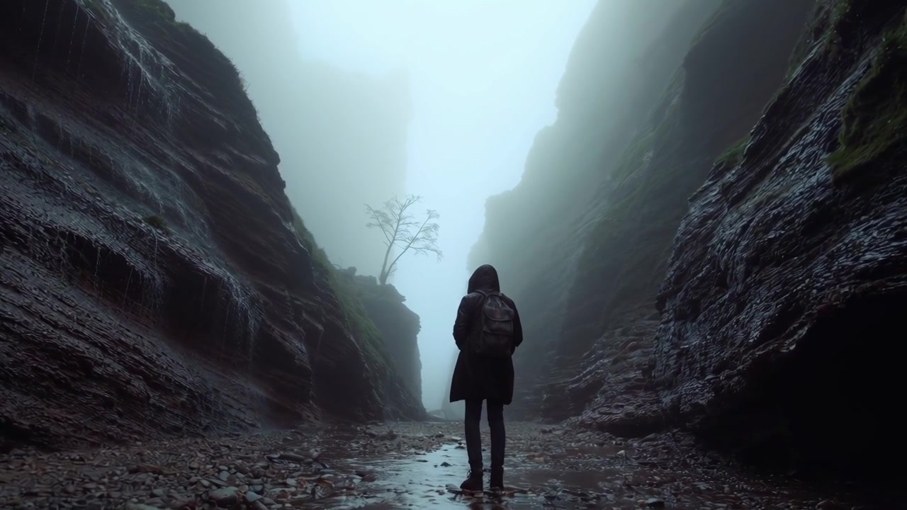 Solitary Figure with Backpack in a Misty Canyon