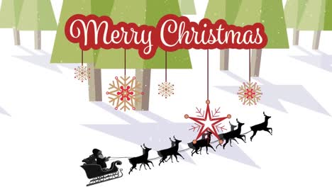 Animation-of-merry-christmas-text-over-winter-scenery-and-santa-in-sleigh