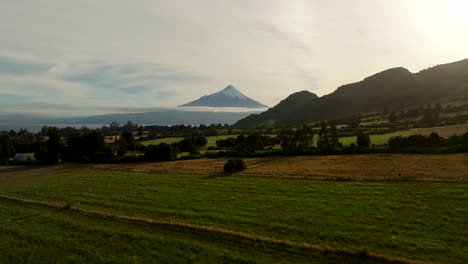 farmland with dramatic clouds and volcano backdrop in osorno, chile, aerial ascend over fields, natural backdrop