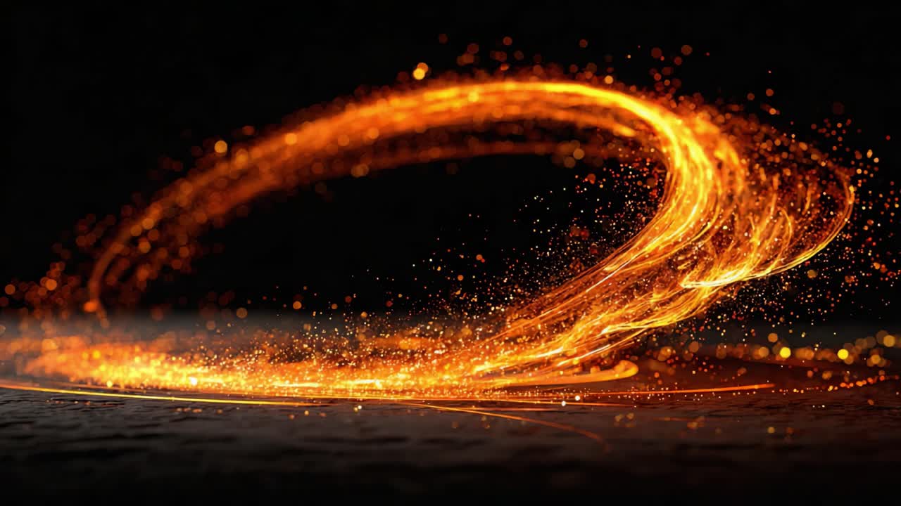 Turbinii dinamici di particelle infuocate: una visualizzazione astratta di energia e movimento catturata in una straordinaria esibizione di luce e colore in un ambiente scuro.