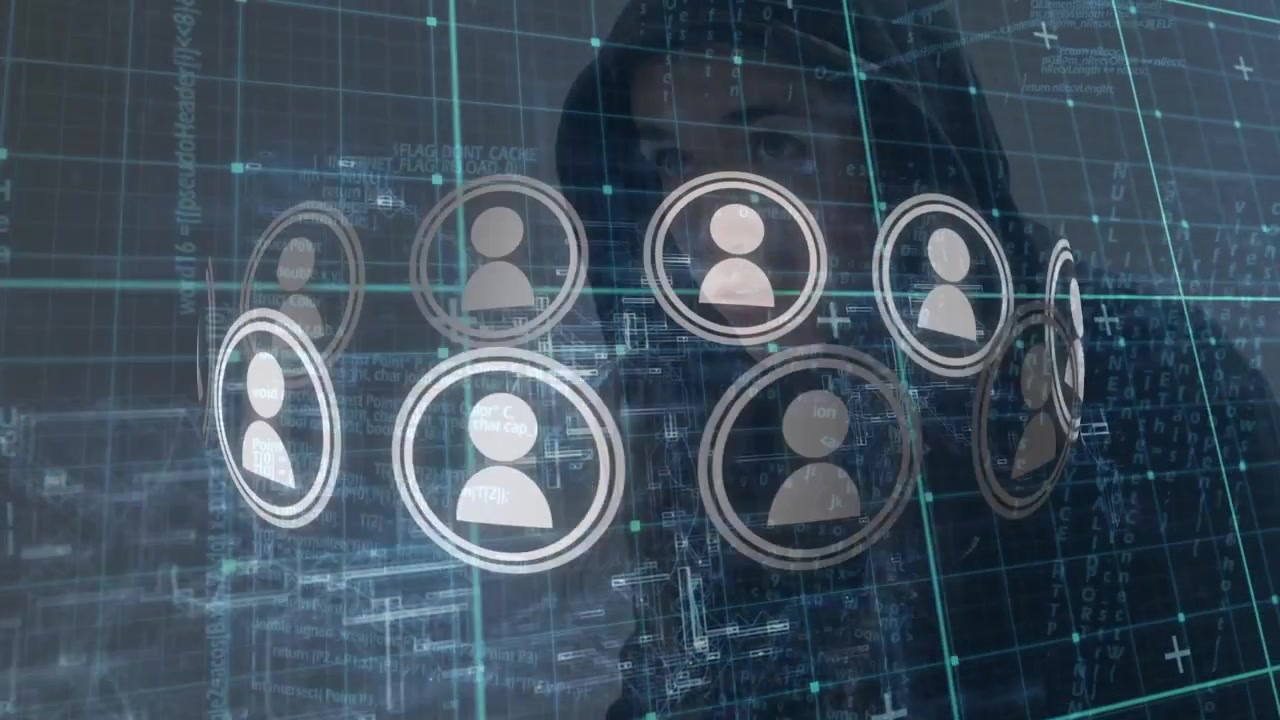 Animazione di elaborazione dati su una hacker caucasica.