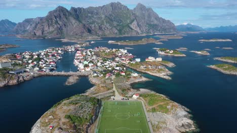 aerial view of henningsvaer village, municipality on lofoten islands archipelago norway