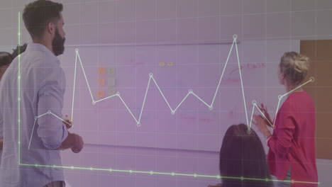 animation of financial data processing over diverse colleagues having meeting in office