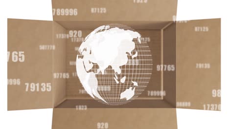 animation of numbers changing and globe spinning over cardboard box