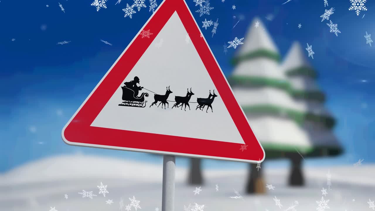 animación de nieve cayendo sobre una señal de carretera con santa claus en trineo con renos en un paisaje de invierno