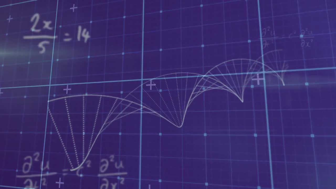 animación de ecuaciones y partículas que forman una hélice sobre una cuadrícula digital, en azul