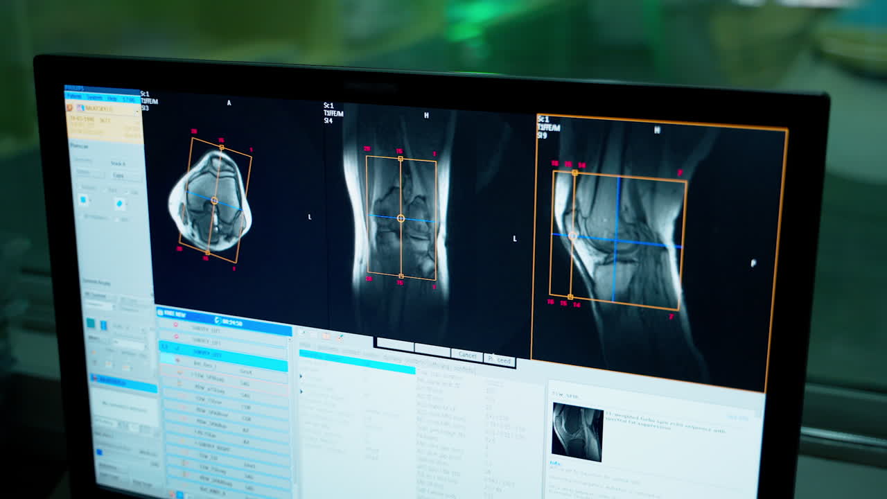 X-ray photos on the monitor in medical control room. Doctor examining patient's bones on the screen of a computer in hospital. Close-up.