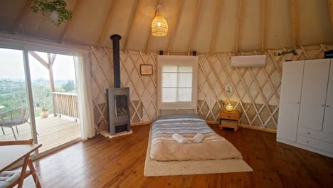 interior of a fancy wooden yurt tent