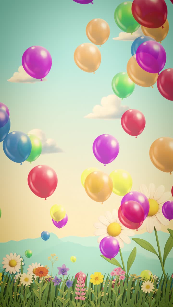 Orientamento verticale (9:16) di un luminoso giardino estivo con margherite e palloncini colorati fluttuanti. Animazione in loop continuo ottimizzata per schermi mobili e storie sui social media.