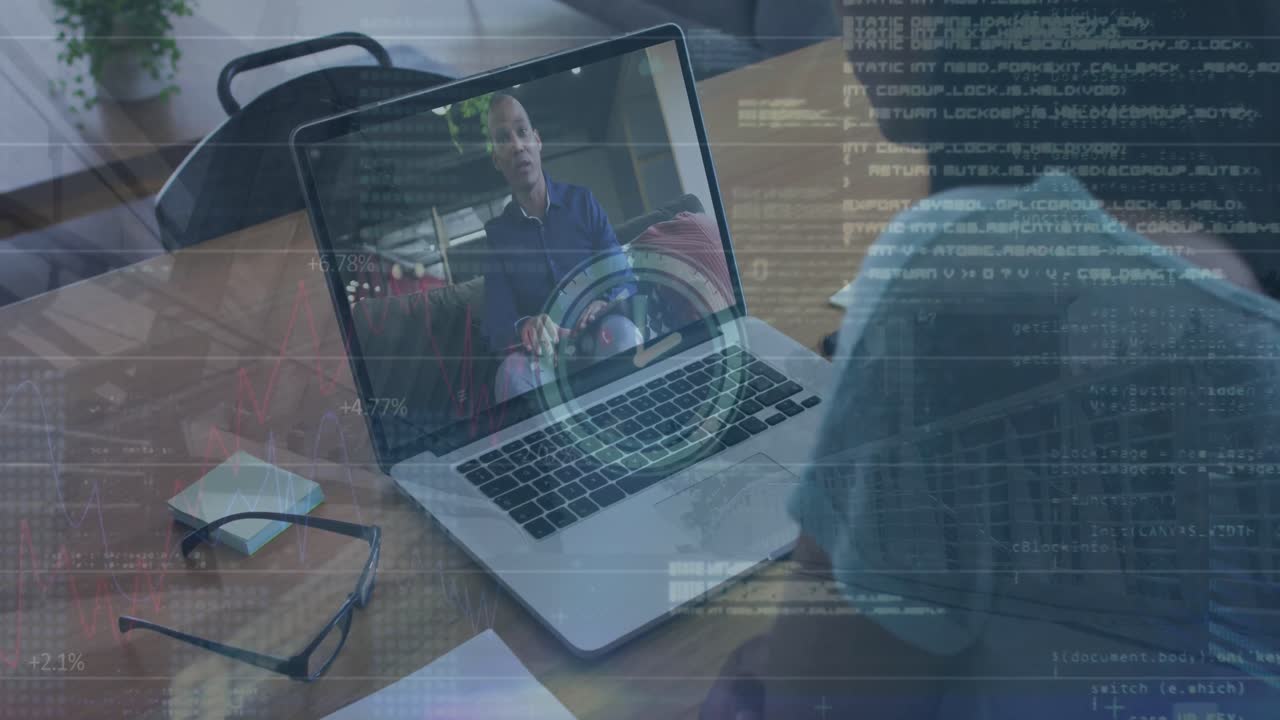 Animation of data processing and clock over african american businesswoman having video call