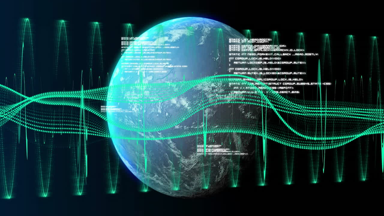 Earth surrounded by digital data waves and binary coding animation