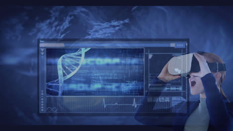 Using VR headset, woman exploring virtual space with scientific data processing