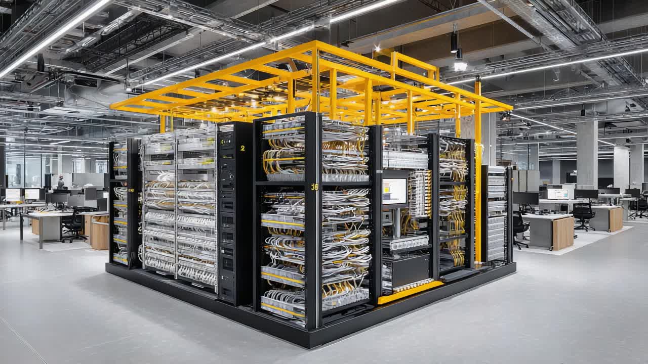 Modern Data Center Featuring Advanced Network Infrastructure with Innovative Cable Management and a Sleek Visual Design in a Spacious Office Environment