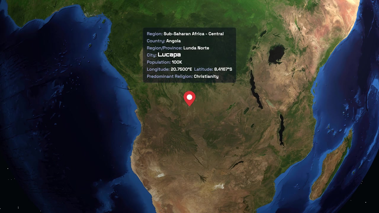 Digital globe rotates and zooms into Lucapa Angola with a red pin and data box