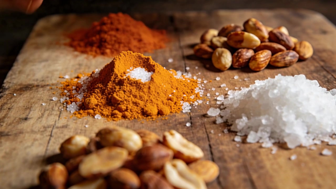 Mani nude che premono arachidi nella curcuma su un tagliere di legno, spargendo sale per la presentazione del cibo.