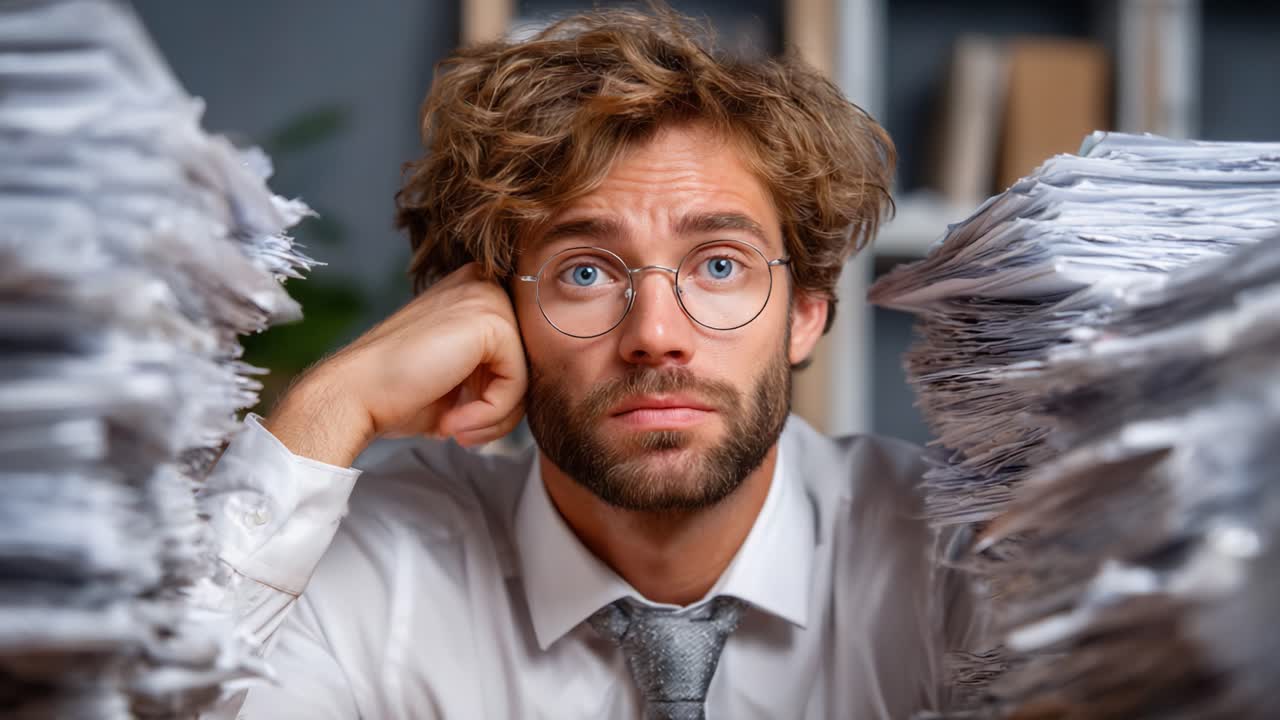A Frustrated Individual Stares Blankly at a Pile of Paperwork, Capturing the Essence of Overwhelm and Stress in a Modern Work Environment