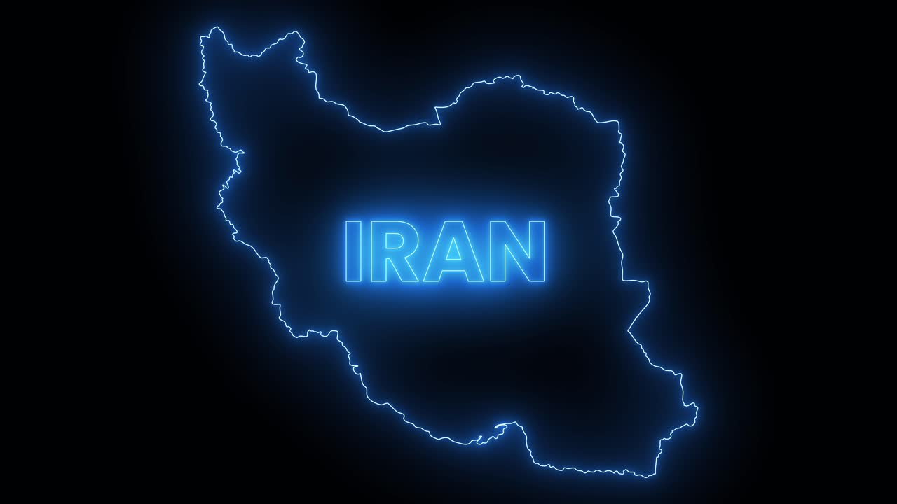 Animasi peta Iran neon bercahaya dengan suar lensa, terisolasi di latar belakang hitam.