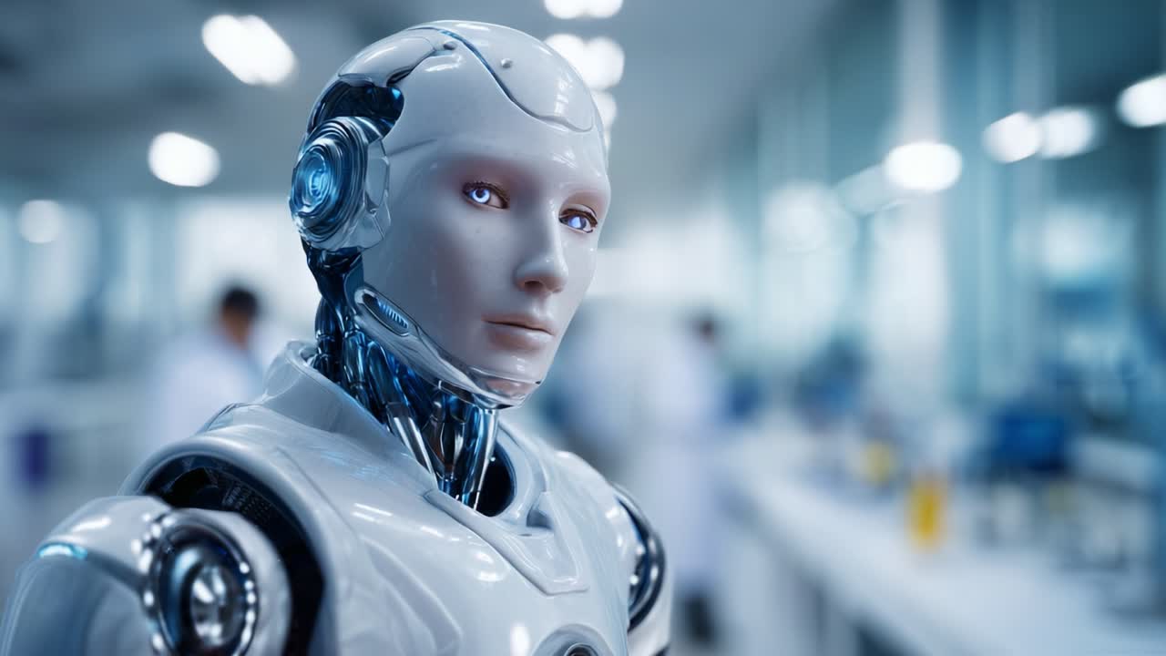 Futuristic humanoid robot depicted in a modern laboratory environment showcases advanced robotics technology, artificial intelligence, and high-tech features