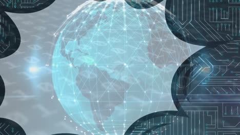 Animation-of-data-processing-and-globe-over-shapes-and-computer-circuit-board