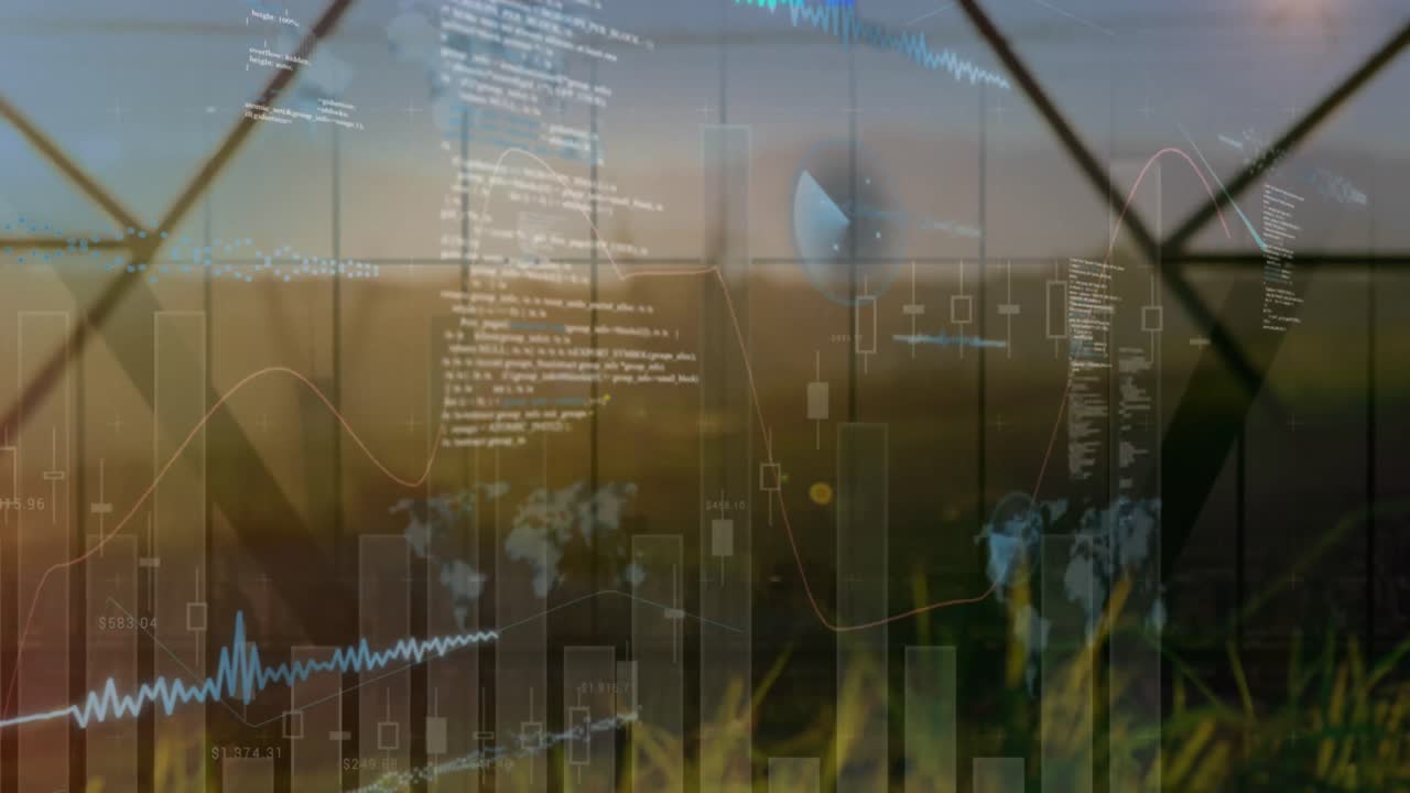 Animation of statistical data processing against network towers on grassland