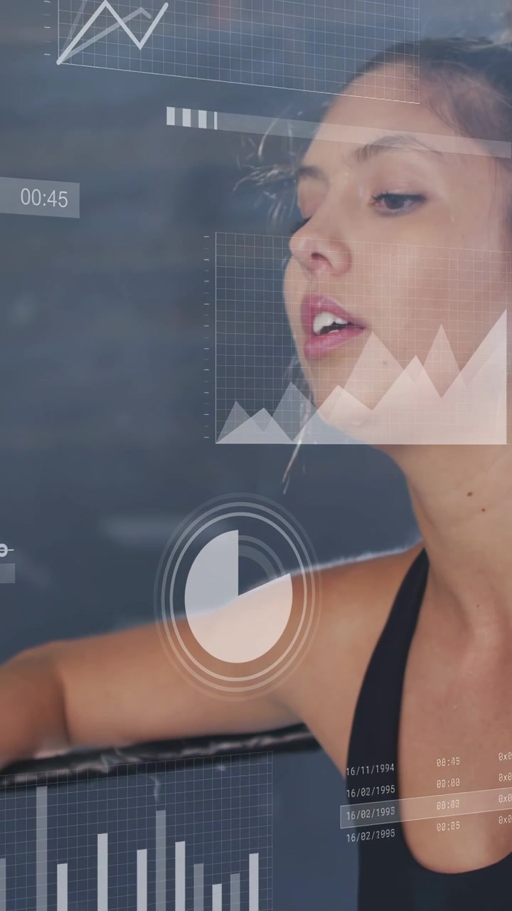 Vertical video: Woman boxer leaning on rope, breathing and lifting head as HUD updating over her